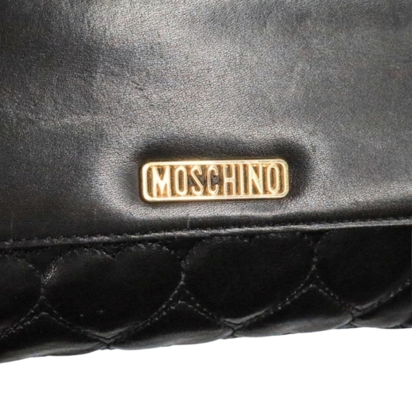 Vintage MOSCHINO Black Leather Heart Stitched Shoulder Satchel Handbag - Picture 3 of 9